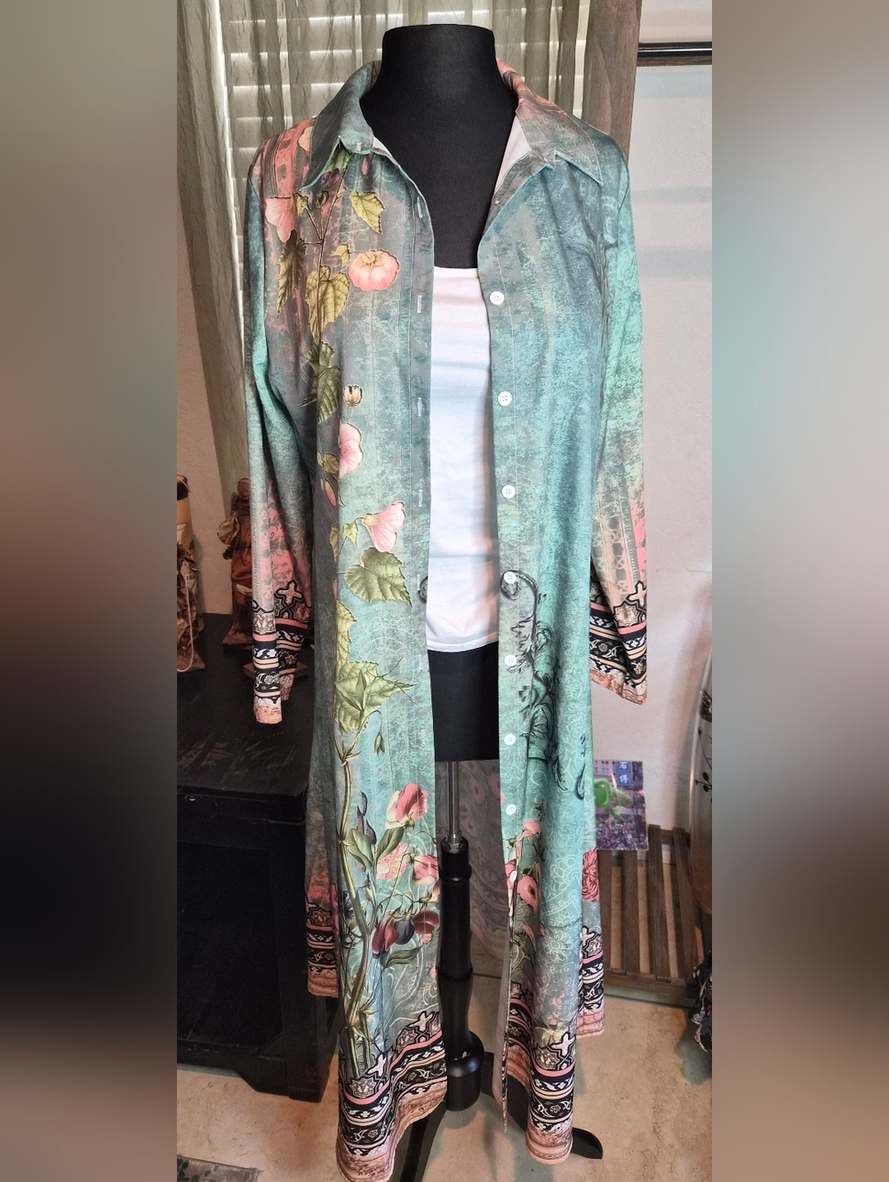 Floral Kimono Duster in Mint Green and Pink #0080